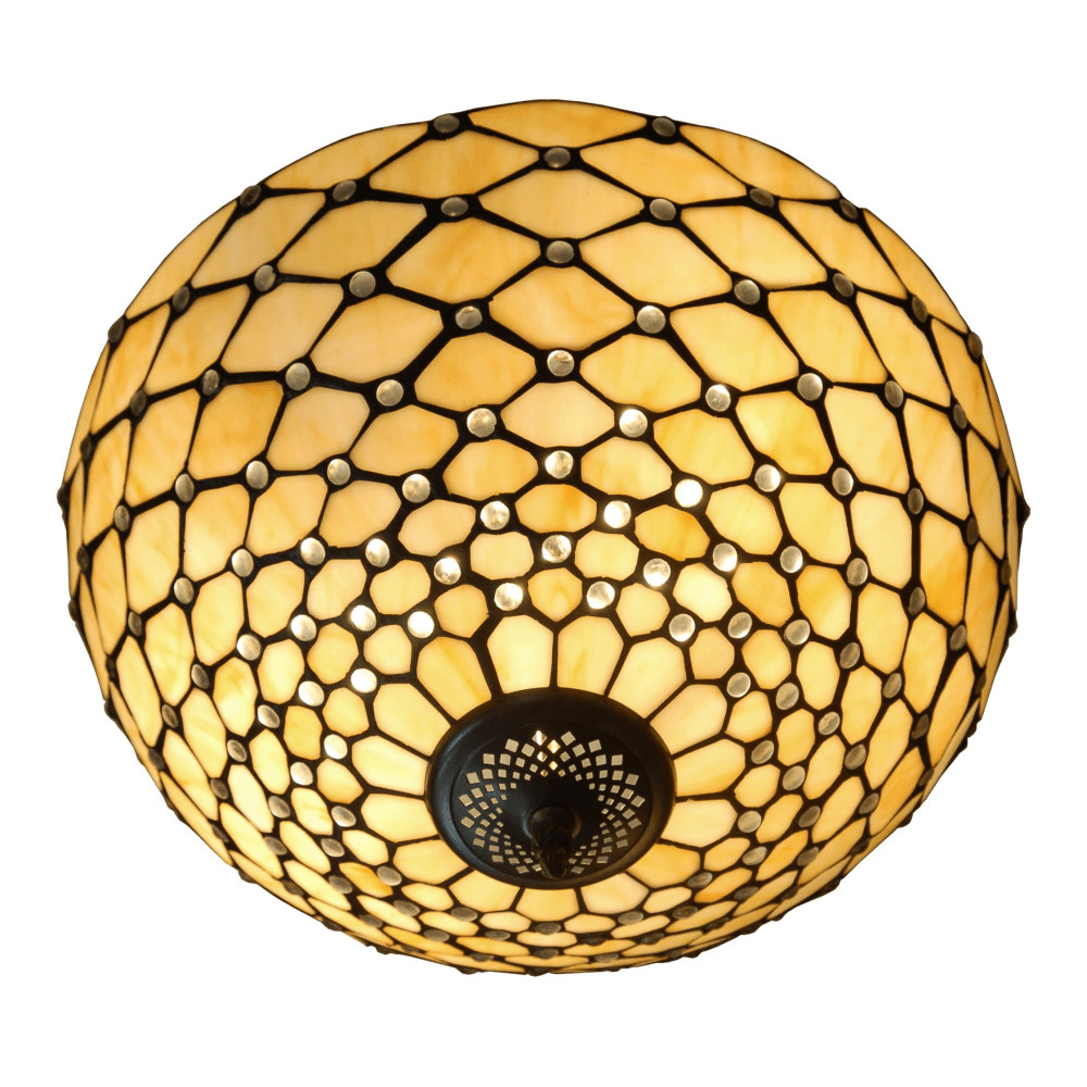 Tiffany Deckenleuchte aus Glas – Ansicht der eleganten Leuchte mit handverlesenen Glasstücken in warmem Gelb, ein traditionelles Kunstwerk mit Handwerkszertifikat.