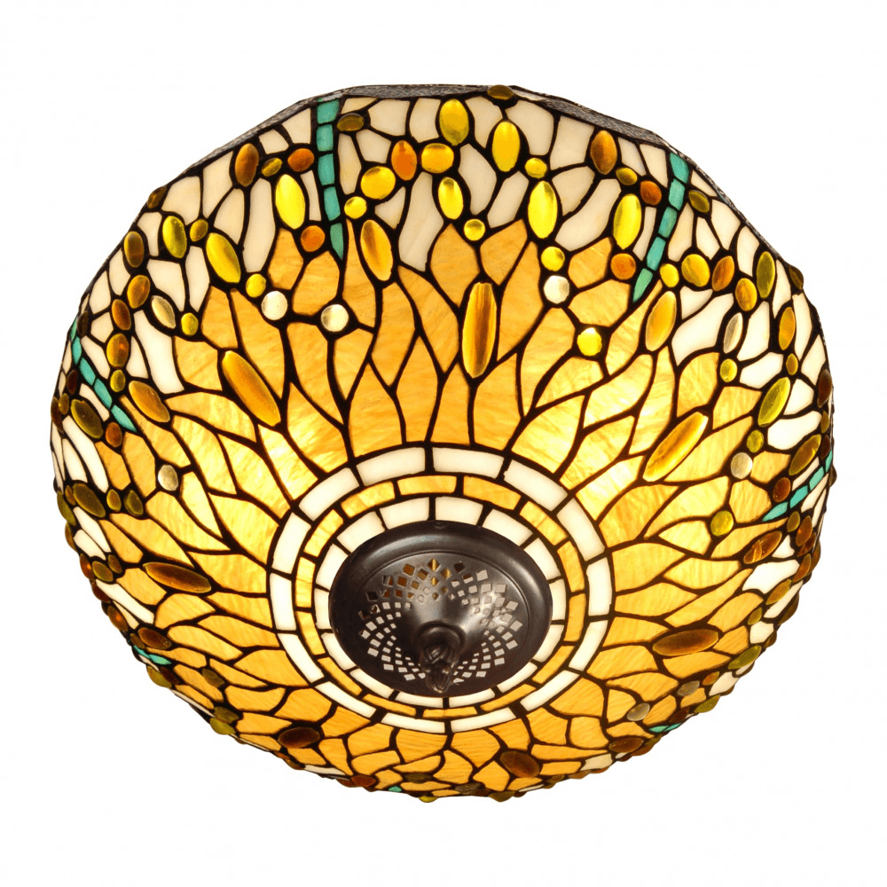 Tiffany Libelle Deckenleuchte in Gelb – Handgefertigter Jugendstil mit Hochwertigem Glas, detaillierte Ansicht des Lampenschirms und des fantastischen Designs.