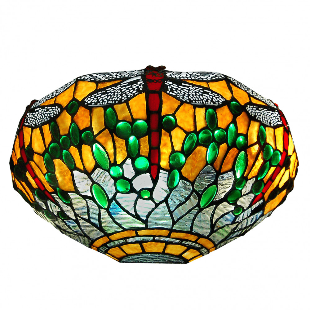 Designer Tiffany Wandleuchte mit rotem und grünem Libellenmotiv - Ansicht von unten, handgefertigter Glasschirm in lebendigen Farben.