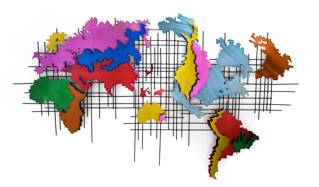 Handgefertigte moderne Metallrahmen Weltkarte Wandskulptur, 86 x 146 cm, mit Zertifikat - Ein einzigartiges Kunstwerk für stilvolle Wohnräume, das Kreativität und handwerkliches Geschick verkörpert.