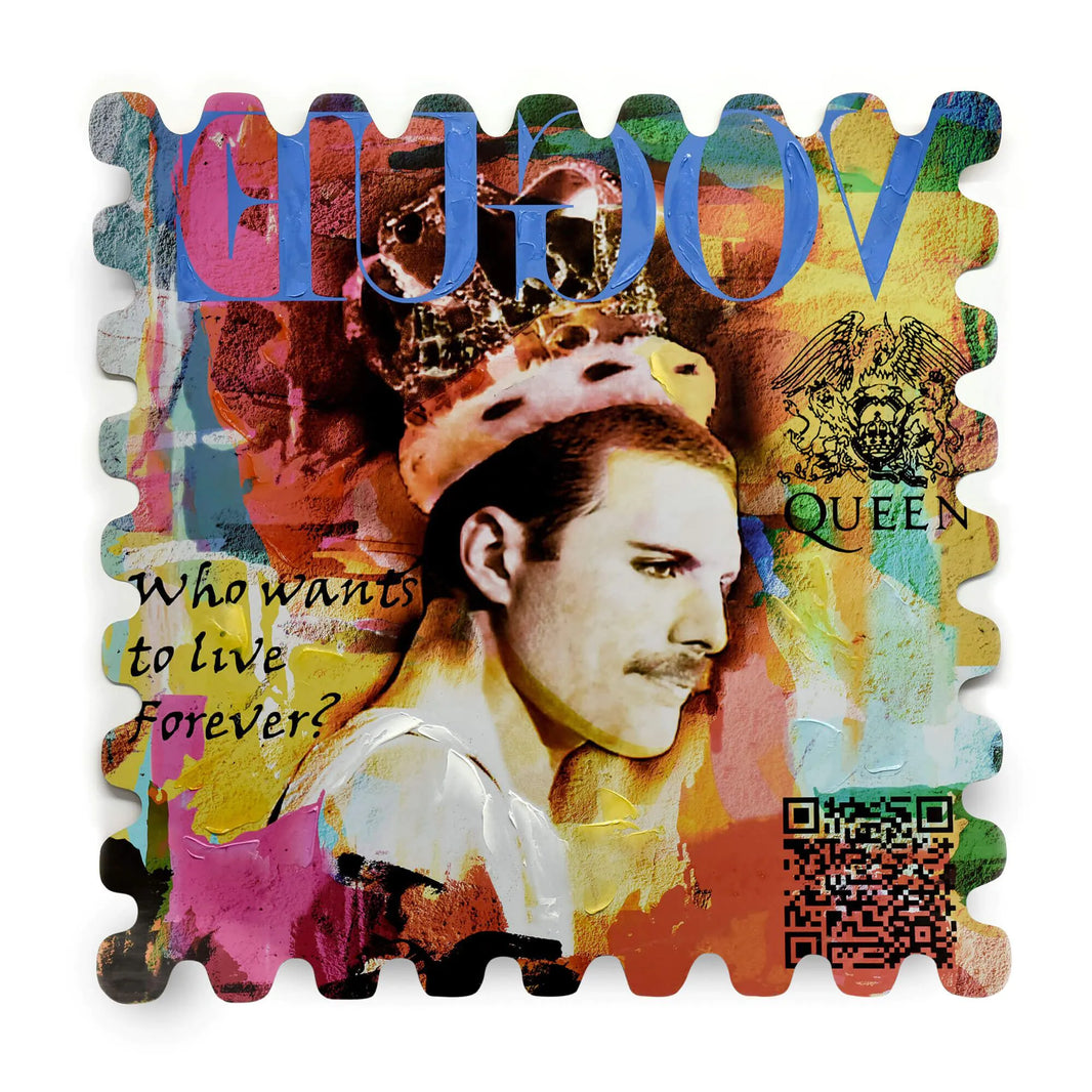 Freddie Mercury Hommage Gemälde – 3D Pop Art Wandskulptur auf Aluminiumplatte, detailreiche handgefertigte Kunst mit lebendigen Farben.