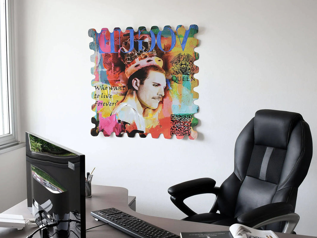 Freddie Mercury Hommage Gemälde – 3D Pop Art Wandskulptur auf Aluminiumplatte, einzigartige Wandkunst mit tiefen optischen Effekten.