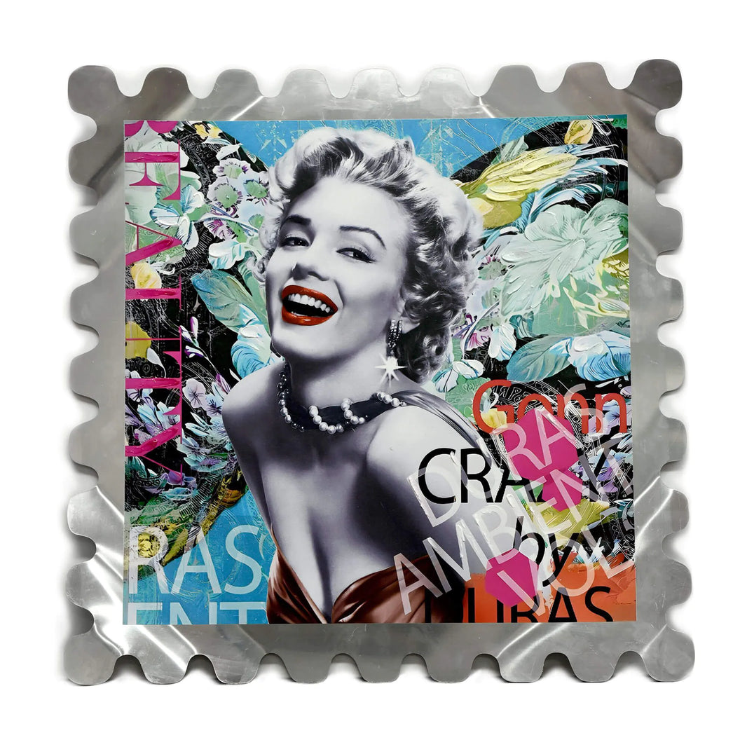 Modernes Pop Art Wandbild Hommage an Marilyn Monroe aus dekorierter Aluminiumplatte, 50x50cm - ein eindrucksvolles Kunstwerk für Ihr Zuhause.