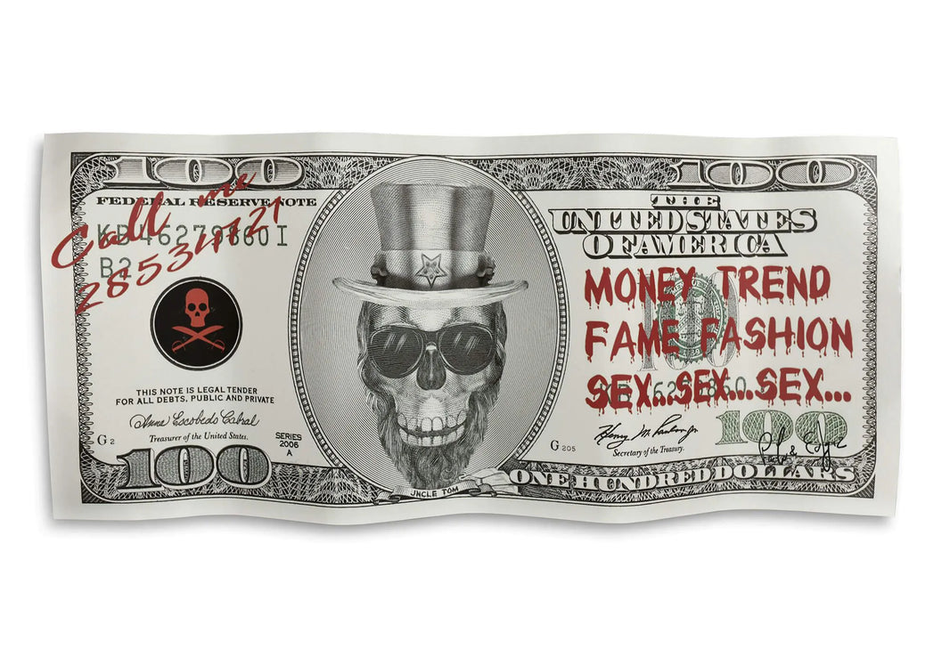 Dreidimensionale Pop Art Metall Wand Skulptur "Dollar Onkel Tom" aus grau eloxiertem Aluminium, Maße 40 x 93 cm, perfekt für moderne Inneneinrichtungen, handgefertigtes Kunstwerk mit einzigartigen optischen Effekten.