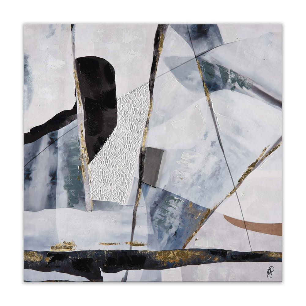 Abstraktes Meisterwerk in Grau – Handgemaltes Kunstwerk 100 x 100 cm, zeigt eine harmonische Komposition aus Grautönen und luxuriösen Metalleinsätzen, die modernen Stil und Eleganz in den Raum bringen.