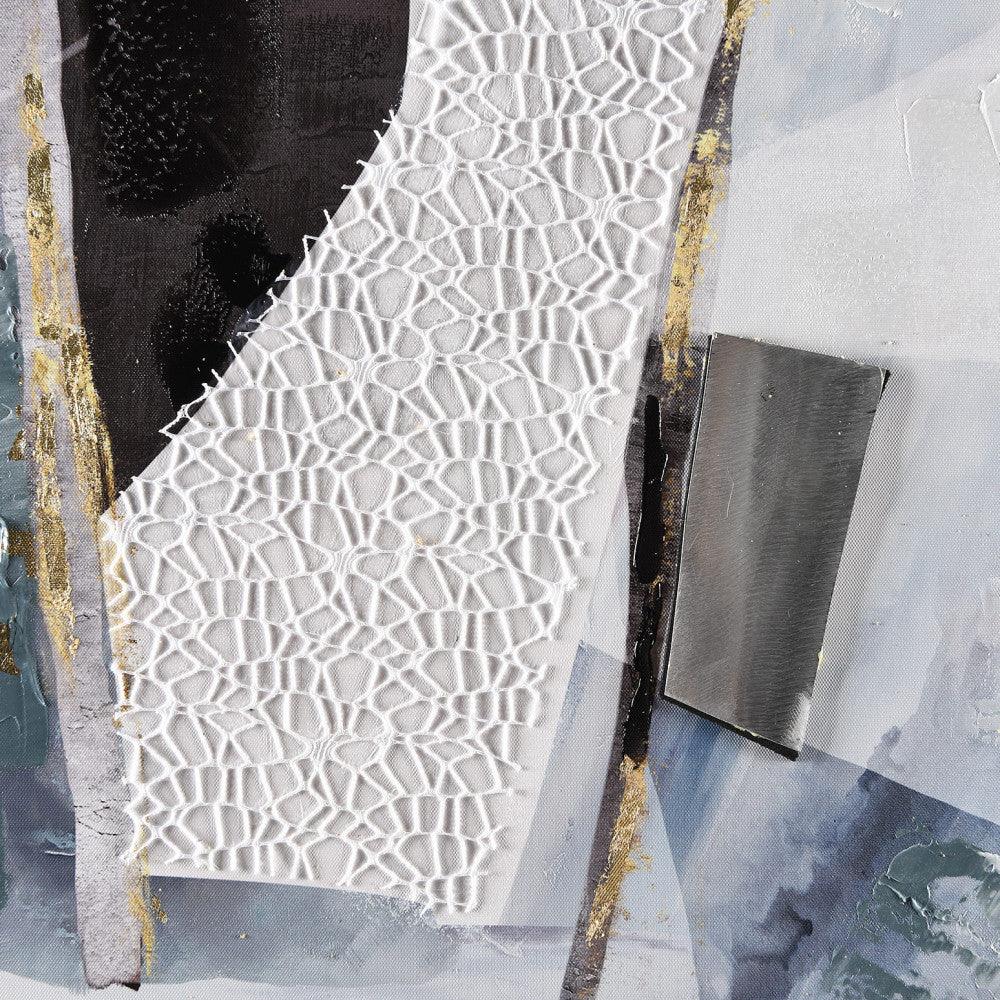 Detailansicht von "Abstraktes Meisterwerk in Grau" – Handgemaltes Kunstwerk mit einzigartigen Texturen und luxuriösen Metalleinsätzen.