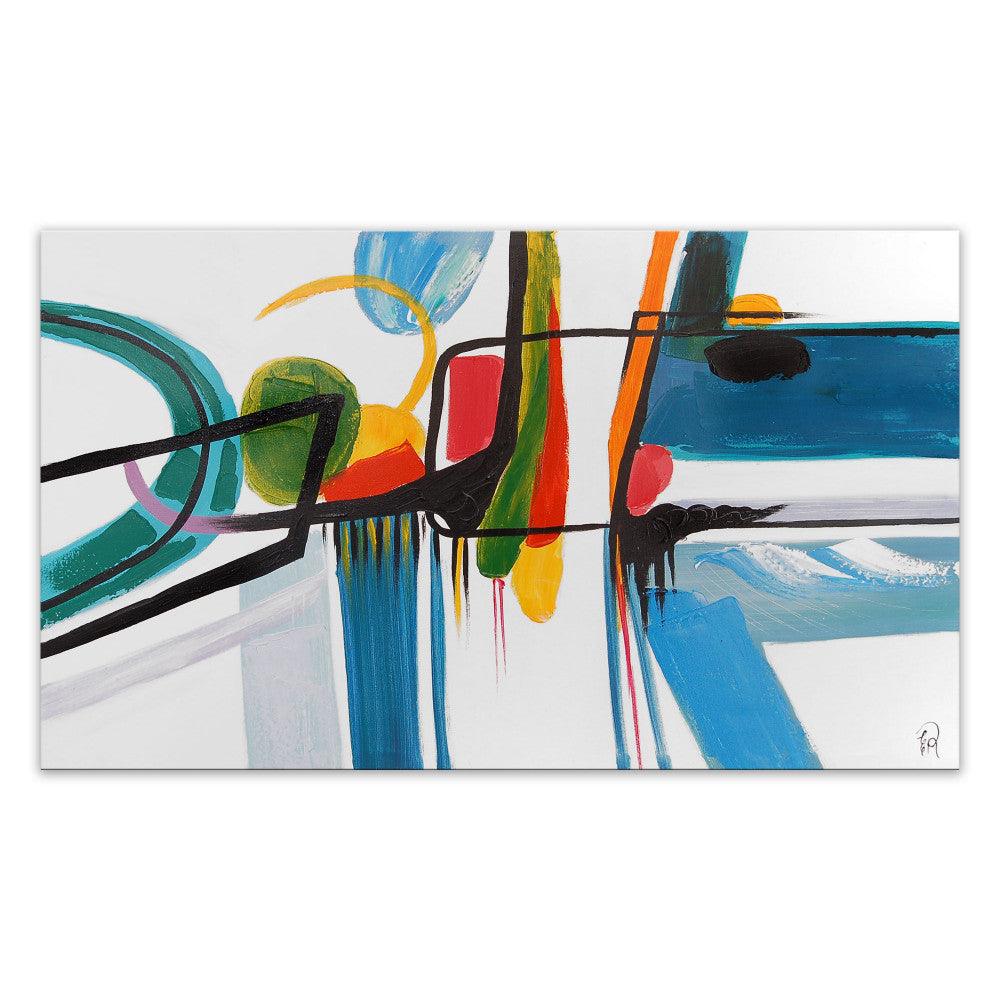 Fesselndes Abstraktes Kunstwerk in Farbenpracht – Handgemalt auf Leinwand, 120x70 cm, zeigt lebendige Farben und dynamische Pinselstriche, die eine moderne und emotionale Atmosphäre schaffen.