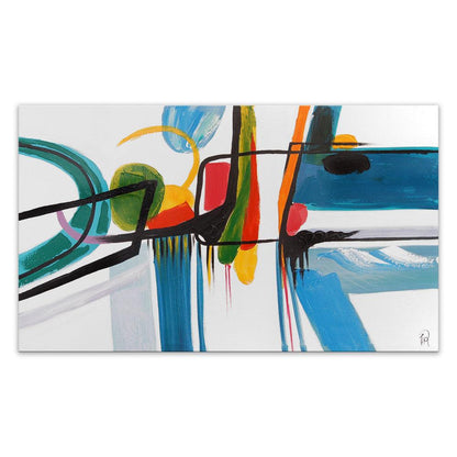 Fesselndes Abstraktes Kunstwerk in Farbenpracht – Handgemalt auf Leinwand, 120x70 cm, zeigt lebendige Farben und dynamische Pinselstriche, die eine moderne und emotionale Atmosphäre schaffen.