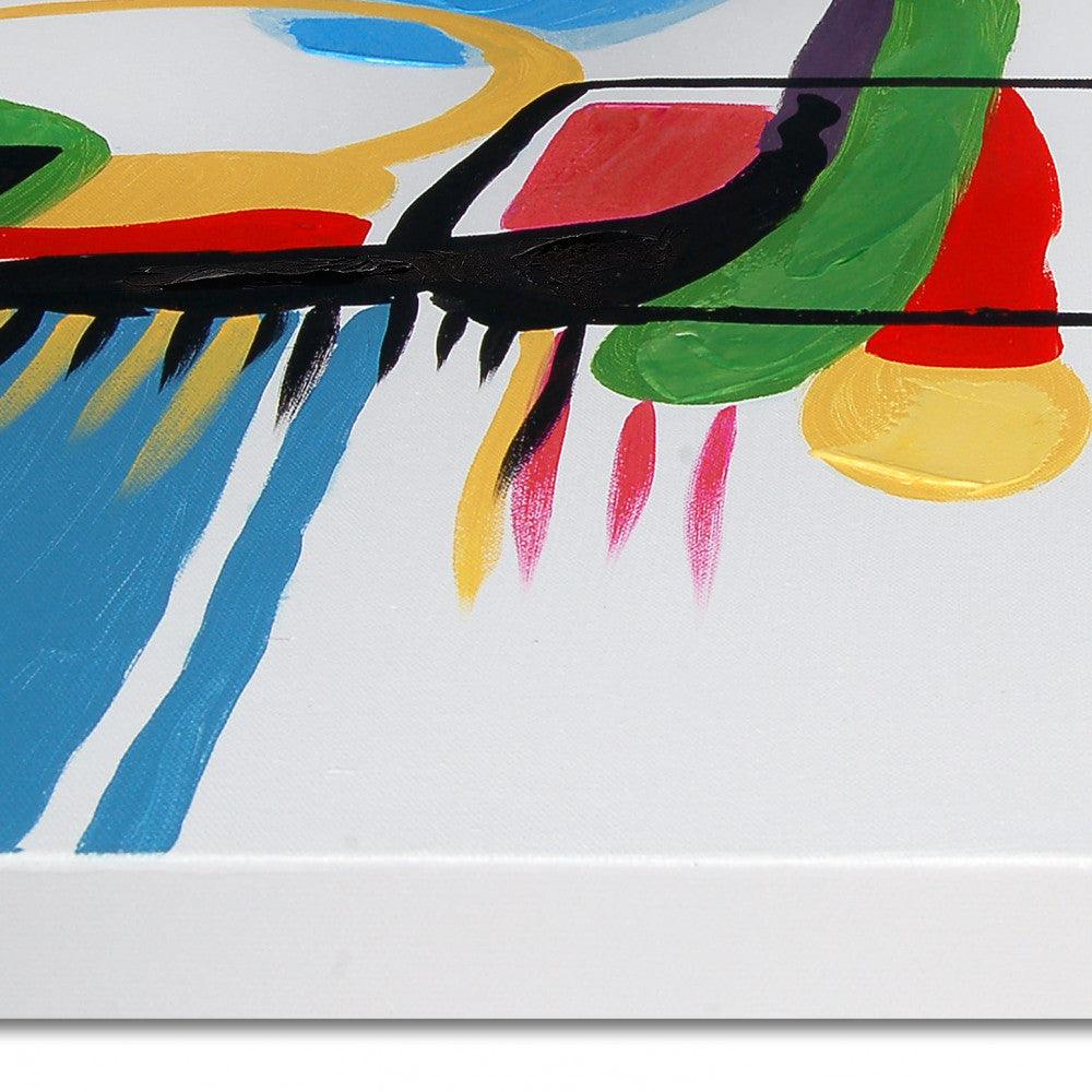 Detailansicht des fesselnden abstrakten Kunstwerks in Farbenpracht - Handgemalt auf Leinwand, 120x70 cm, zeigt lebendige Farben und Pinselstriche.