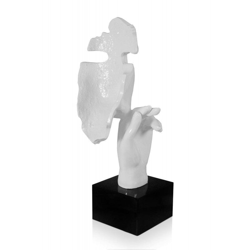 Abstraktes Frauengesicht weiß lackiert. Surrealistische Skulptur aus lackiertem Kunstharz mit Marmorsockel - Designerobjekte.com