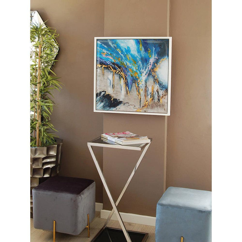 Abstraktes Gemälde auf Plexiglas hellblau, gold und grau. 64 x 64 cm - Designerobjekte.com