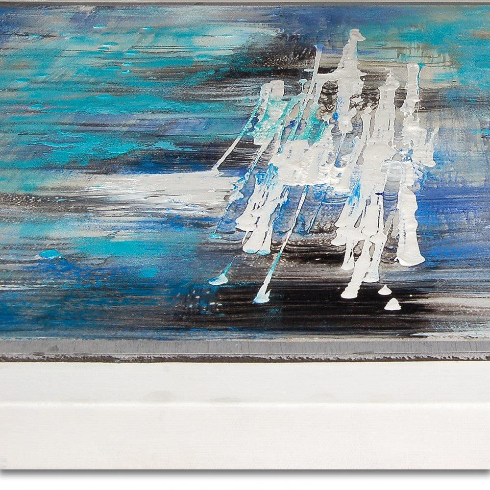 Detailansicht des abstrakten Meisterwerks in Hellblau mit eleganten Akzenten, 120 x 90 cm, Fokus auf den Einsatz von Acryl und den weißen Pinselstrichen.