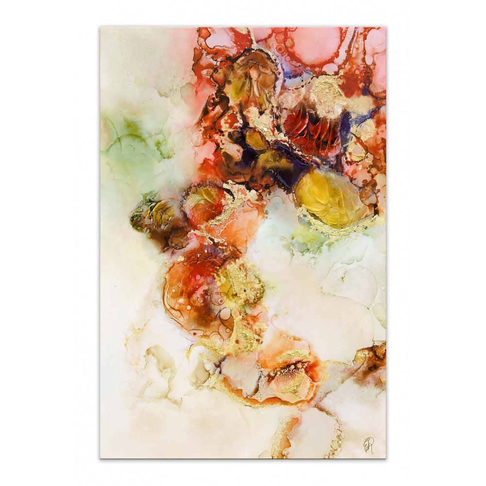 Faszinierendes handgemaltes abstraktes Gemälde in Rot, Gelb und Orange von Edgar Ramirez, detailreiche Darstellung von warmen Farbtönen und lebendigen Mustern auf cremefarbenem Hintergrund, 120x80 cm.