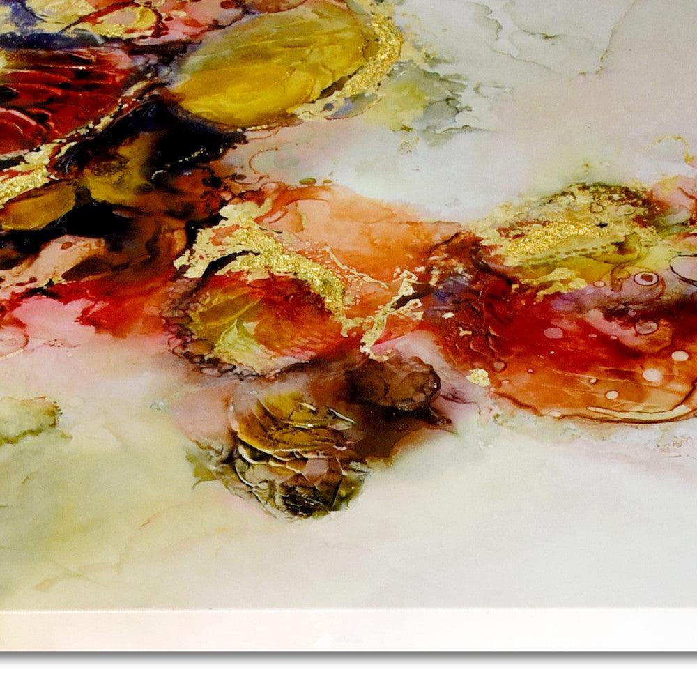 Nahaufnahme des faszinierenden handgemalten abstrakten Gemäldes in Rot, Gelb und Orange von Edgar Ramirez, zeugt von floralen und ornamentalen Details, 120x80 cm.