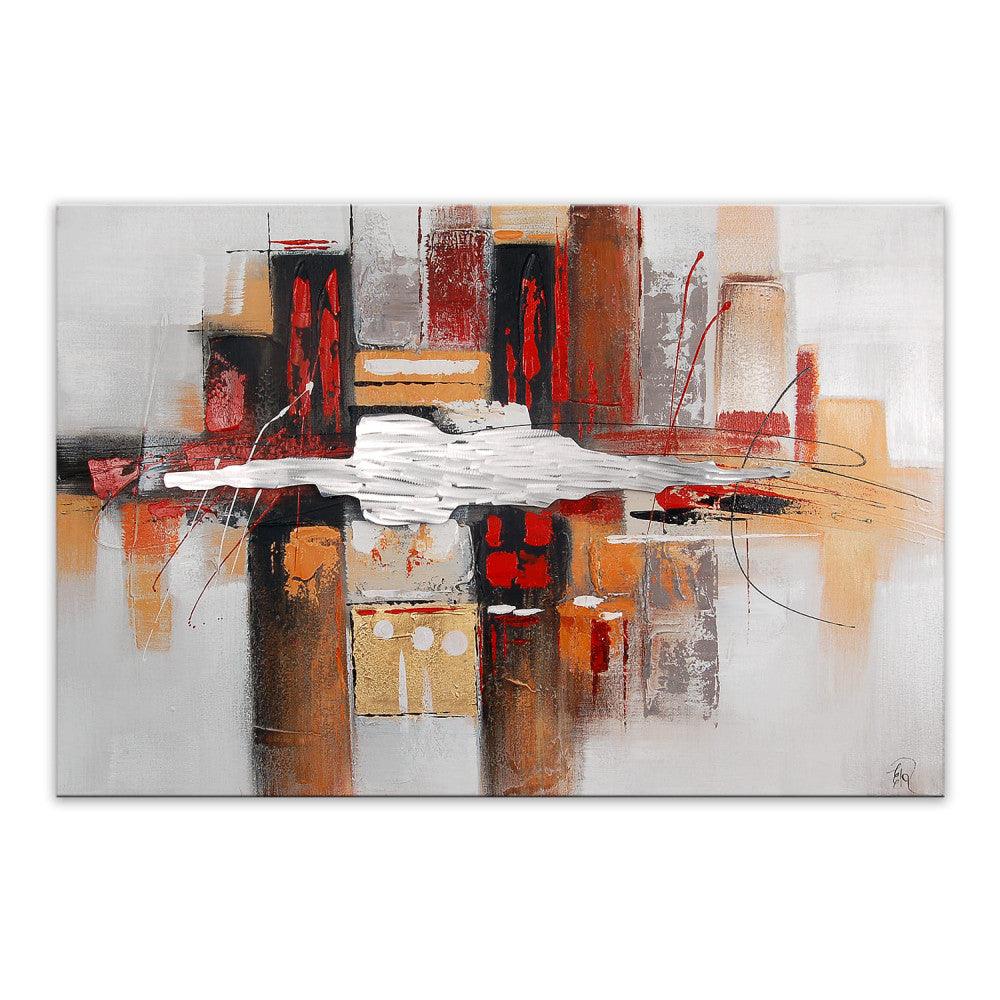 Abstrakte Kunst in Rot und Weiss – Edgar Ramirez, 80 x 120 cm, zeigt eine lebendige Komposition aus Rot, Orange und Schwarz auf grauem Grund, kontrastierte durch geometrische Formen.