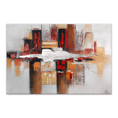 Abstrakte Kunst in Rot und Weiss – Edgar Ramirez, 80 x 120 cm, zeigt eine lebendige Komposition aus Rot, Orange und Schwarz auf grauem Grund, kontrastierte durch geometrische Formen.
