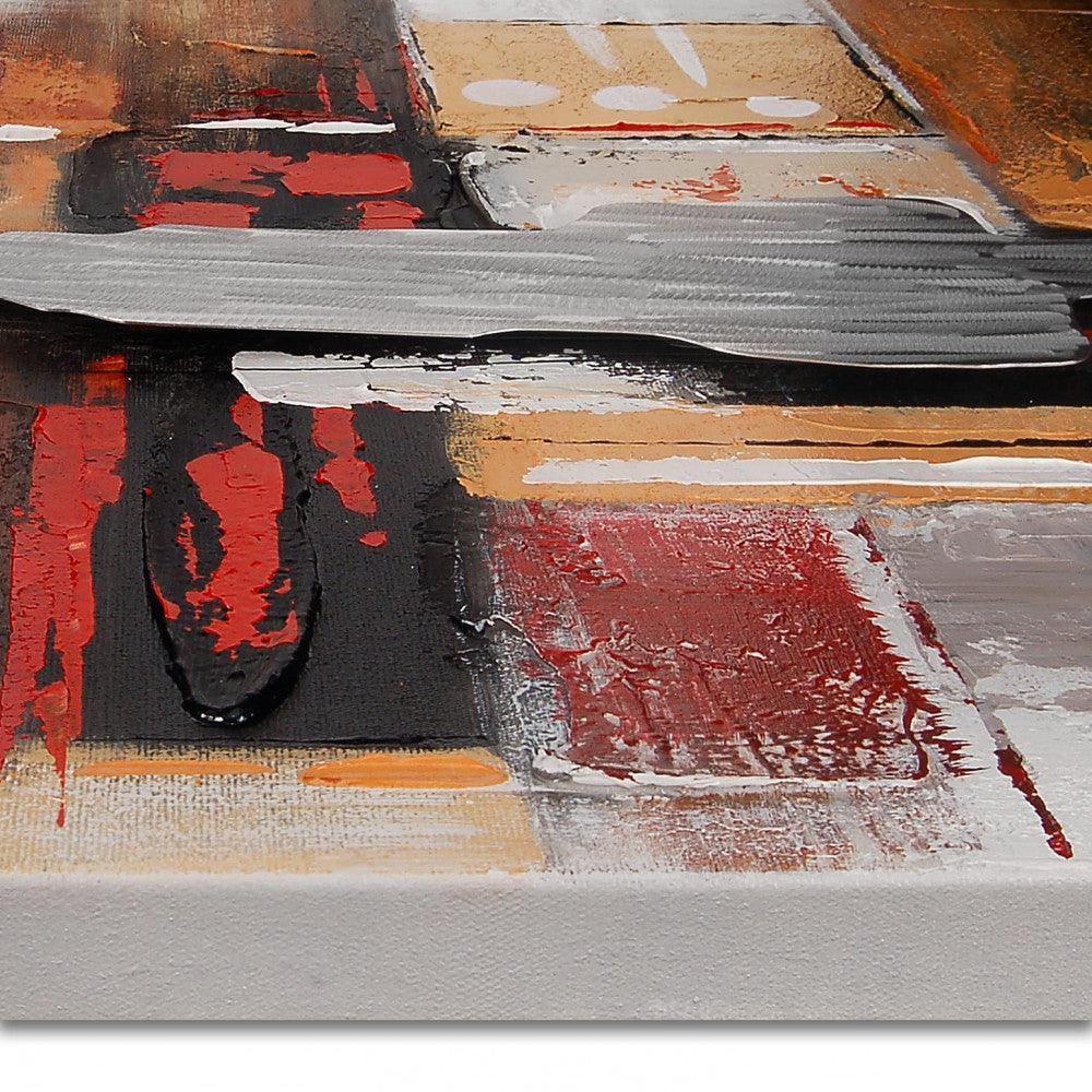 Detailaufnahme der Abstrakte Kunst in Rot und Weiss – Edgar Ramirez, 80 x 120 cm, mit Fokus auf die dynamischen Linien und metallischen Elemente auf strukturiertem Hintergrund.