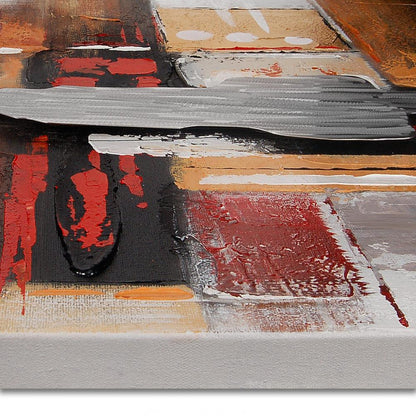 Detailaufnahme der Abstrakte Kunst in Rot und Weiss – Edgar Ramirez, 80 x 120 cm, mit Fokus auf die dynamischen Linien und metallischen Elemente auf strukturiertem Hintergrund.