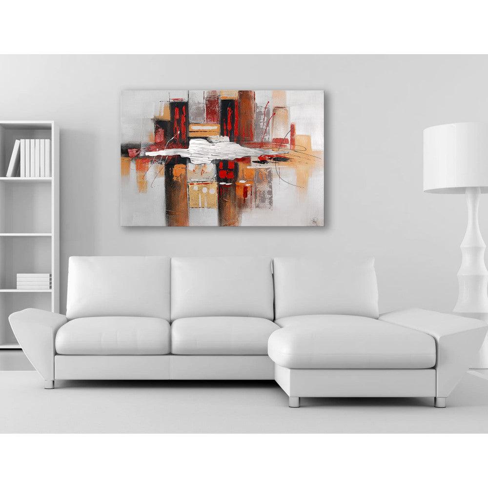 Abstrakte Kunst in Rot und Weiss – Edgar Ramirez, 80 x 120 cm, arrangiert über einer weißen Couch im modernen Wohnraum, betont Eleganz und Kreativität.