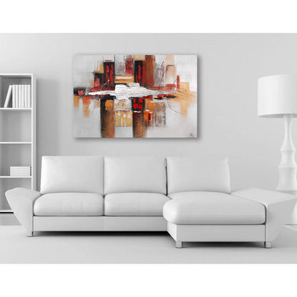 Abstrakte Kunst in Rot und Weiss – Edgar Ramirez, 80 x 120 cm, arrangiert über einer weißen Couch im modernen Wohnraum, betont Eleganz und Kreativität.
