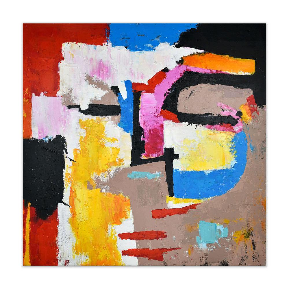 Abstraktes Gesicht – Handgemaltes Kunstwerk auf Leinwand, lebendige Farbkombinationen und künstlerischer Ausdruck, 100 x 100 cm.
