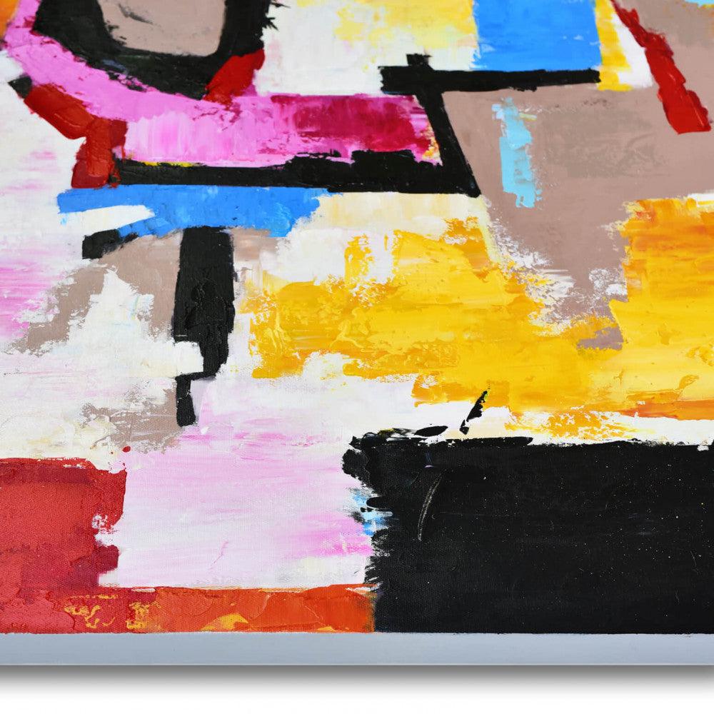 Detailaufnahme des handgemalten Kunstwerks "Abstraktes Gesicht" auf Leinwand, zeigt die Textur und Farbvielfalt, 100 x 100 cm.