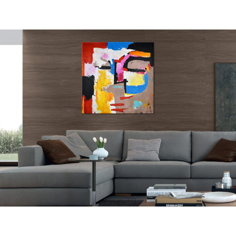Abstraktes Gesicht – Handgemaltes Kunstwerk auf Leinwand, präsentiert in einem modernen Wohnzimmer, 100 x 100 cm.