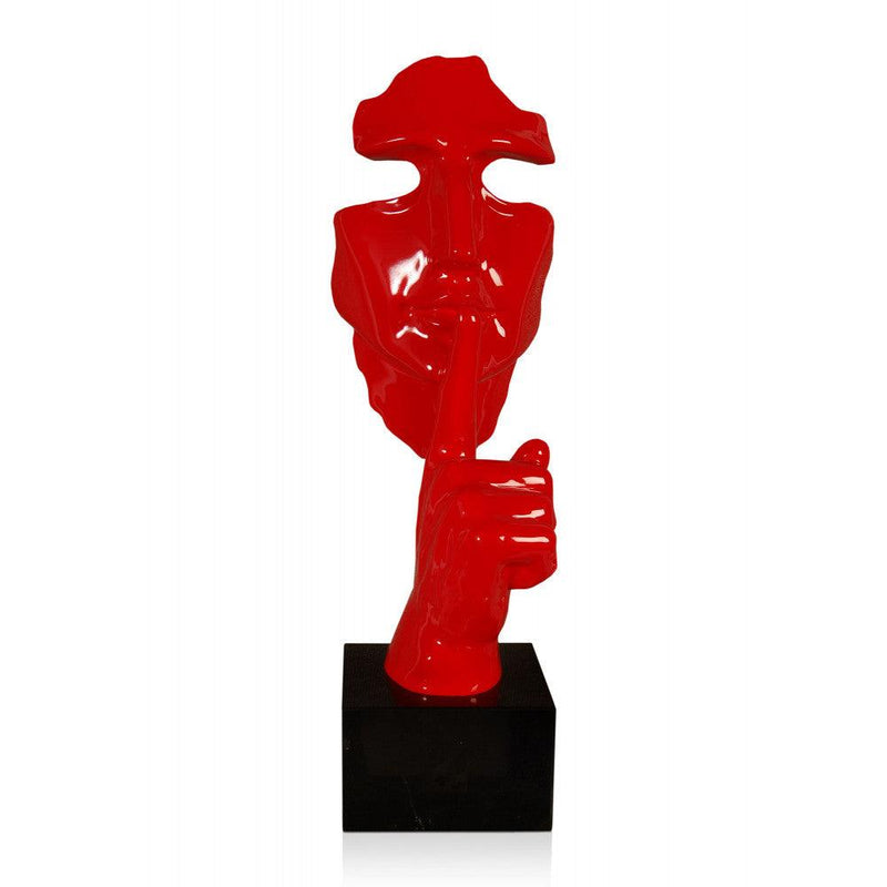 Abstraktes Männergesicht rot. Surrealistische Skulptur aus lackiertem Kunstharz mit Marmorsockel - Designerobjekte.com