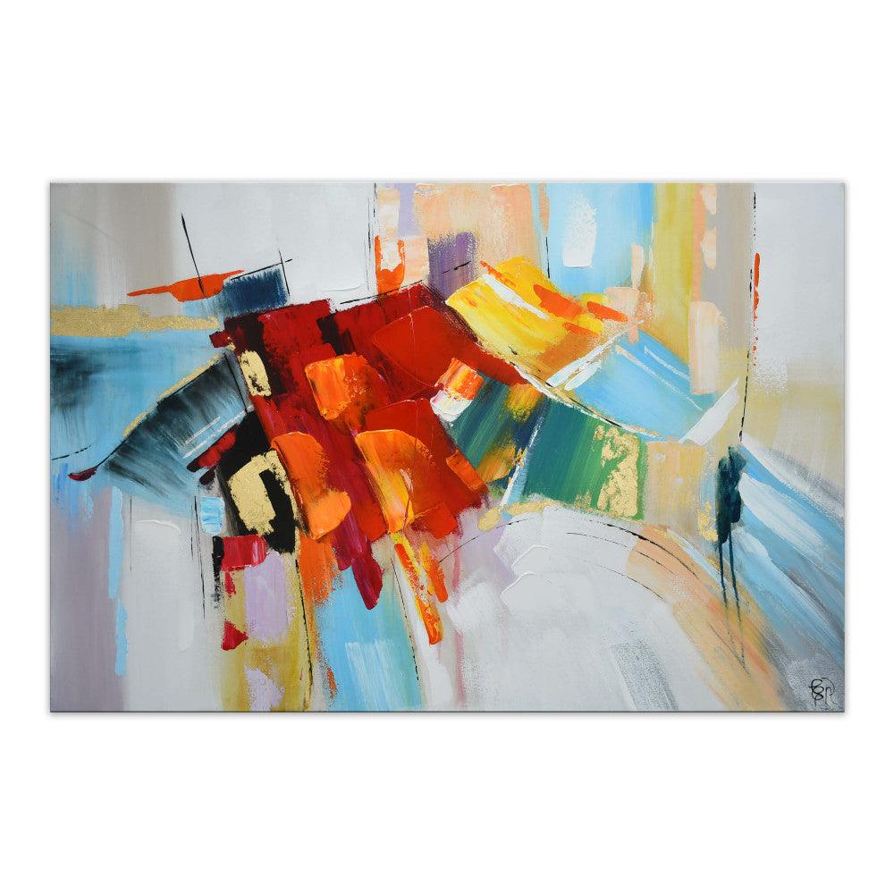 Faszinierendes mehrfarbiges Acryl-Gemälde mit lebhaften Rottönen und eleganter Rahmenstellung, dynamische Komposition und kunstvolle Reliefverzierungen, 80 x 120 cm.