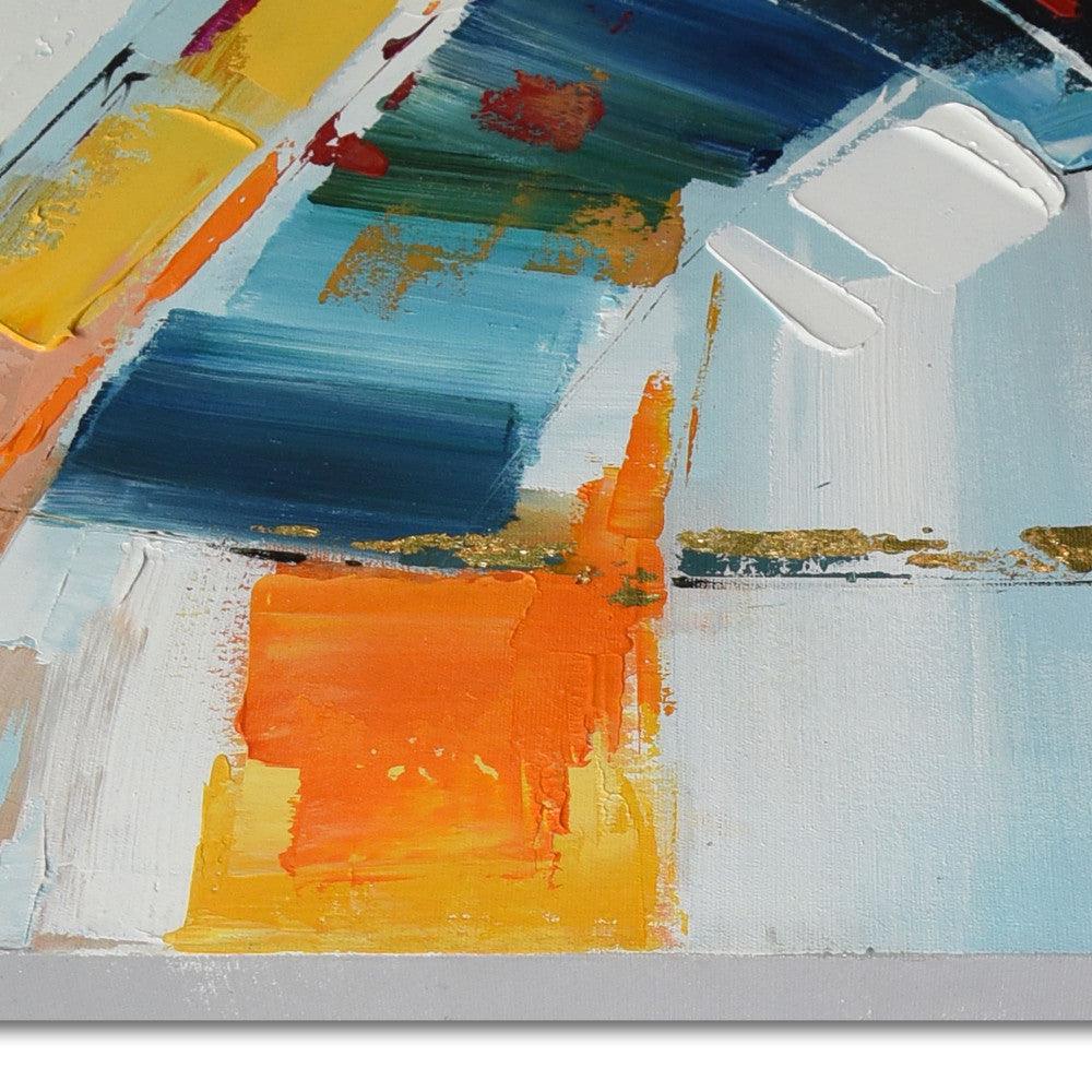 Faszinierendes mehrfarbiges Acryl-Gemälde mit lebhaften Rottönen und eleganter Rahmenstellung. Detailaufnahme der farbenfrohen Pinselstriche in orange und blau.