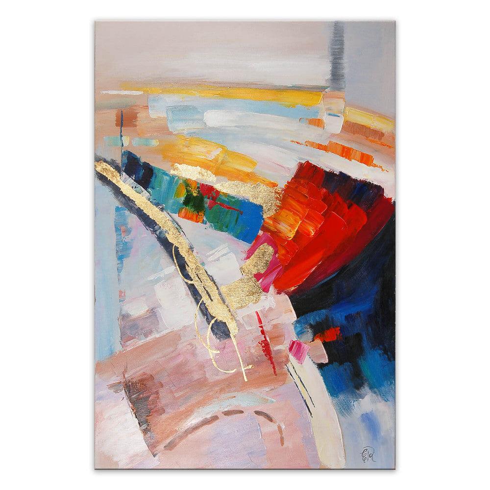 Fesselndes mehrfarbiges abstraktes Kunstwerk auf hellem Hintergrund - 120 x 80 cm, mit lebendigen Farbnuancen und goldenen Pinselstrichen, die eine beeindruckende Komposition bilden.