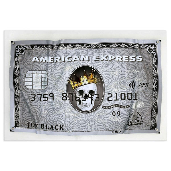 American Express - Karte Totenkopf. Von Hand verziertes Bild auf einer deformierten Acrylplatte auf transparenter Plexiglasglatte - Designerobjekte.com