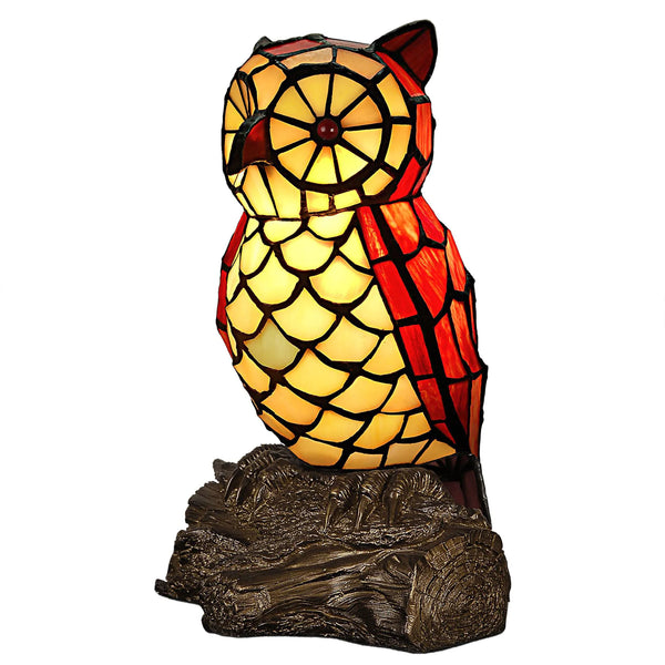 Tiffany Nachttischlampe Eule 26x18,5cm - Handgefertigte Glaslampe in Form einer Eule, hergestellt aus buntem Tiffany-Glas, orange und gelb leuchtend, auf rustikalem Holzstamm sitzend.