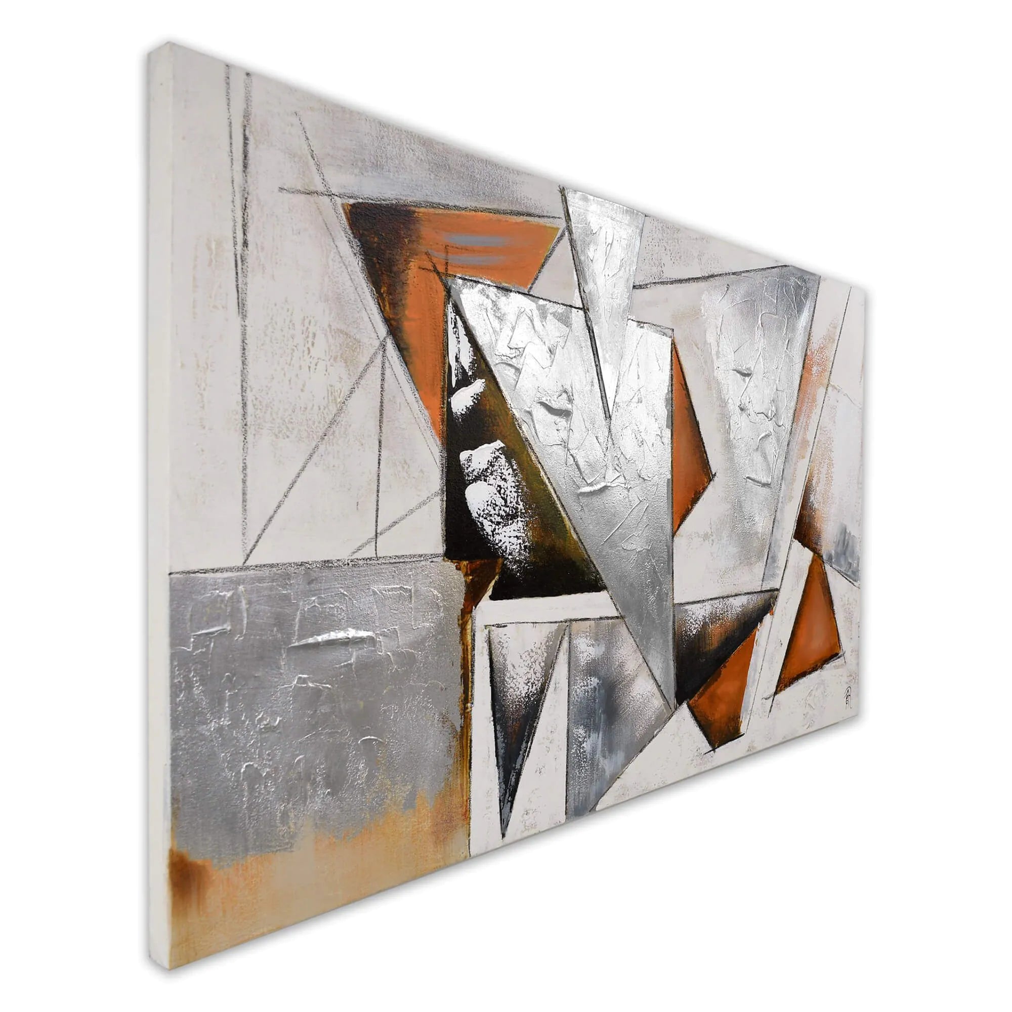 Seitenansicht des handgemalten modernen abstrakten Gemäldes 80x140 cm in Silber und Gold, montiert auf einem hölzernen Rahmen für eine ästhetische Präsentation.