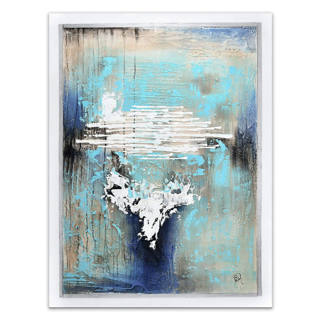 Handgefertigtes abstraktes Gemälde in Blau mit 3D-Acryl-Relief und weißem Rand – ein farbharmonisches Kunstwerk, das chromatische Abstraktion und lebendige Blautöne kombiniert.