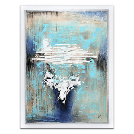 Handgefertigtes abstraktes Gemälde in Blau mit 3D-Acryl-Relief und weißem Rand – ein farbharmonisches Kunstwerk, das chromatische Abstraktion und lebendige Blautöne kombiniert.