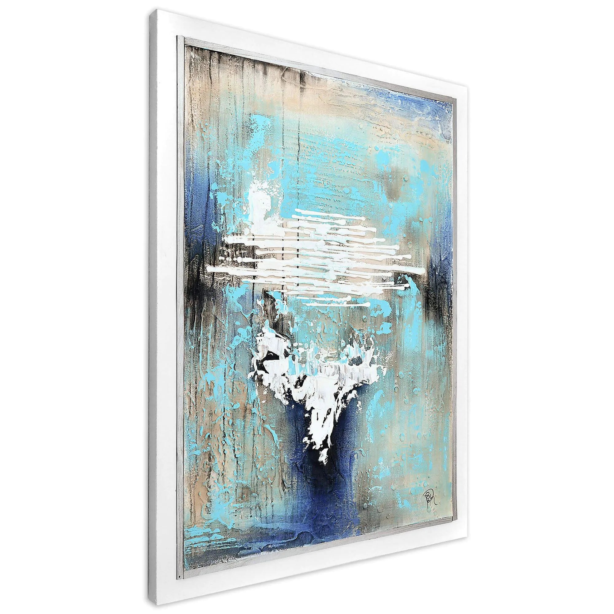Das Handgefertigte Abstrakte Gemälde 3D-Acryl-Relief in Blau mit Weißem Rand, elegant in einem weißen Rahmen, präsentiert auf einem neutralen Hintergrund.