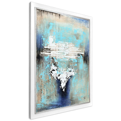 Das Handgefertigte Abstrakte Gemälde 3D-Acryl-Relief in Blau mit Weißem Rand, elegant in einem weißen Rahmen, präsentiert auf einem neutralen Hintergrund.