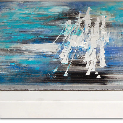 Nahaufnahme des Handgefertigten Abstrakten Gemäldes 3D-Acryl-Relief in Blau mit Weißem Rand, die dynamischen Pinselstriche und Farbkombinationen hervorhebt.
