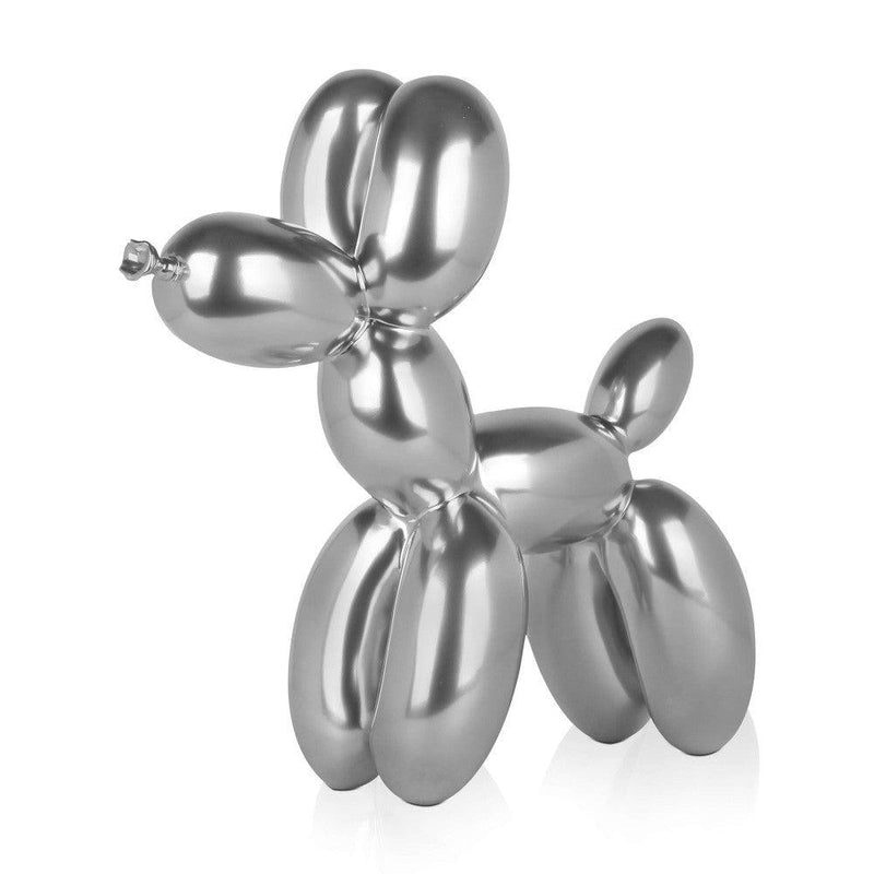 Ballon - Hund silberfarben. 46 x 50 x 18 cm. Pop Art-Skulptur aus dekoriertem Kunstharz, Spiegeleffekt - Designerobjekte.com