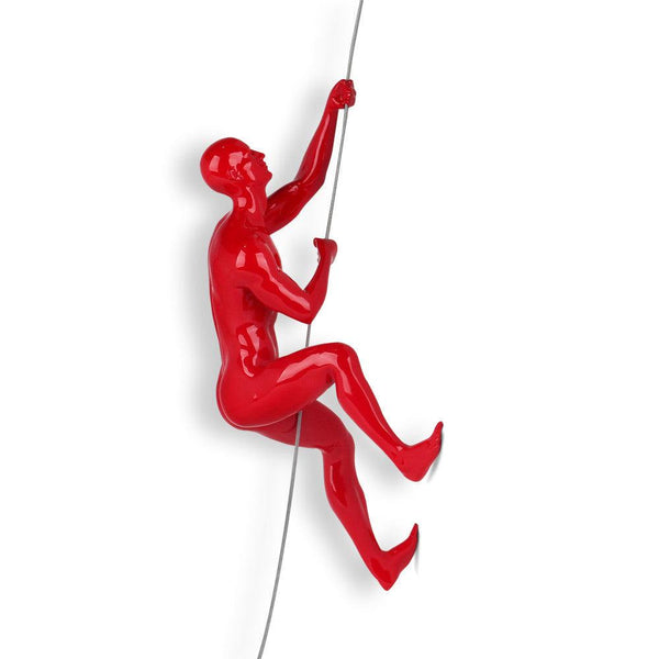 Bergsteiger rot lackiert. Moderne figurative Skulptur aus lackiertem Kunstharz, zum Aufhängen an die Wand - Designerobjekte.com