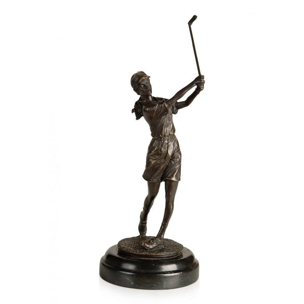 Bronze-Skulptur Golfspielerin. Klassische Skulptur aus patinierter Bronze mit Marmorsockel - Designerobjekte.com