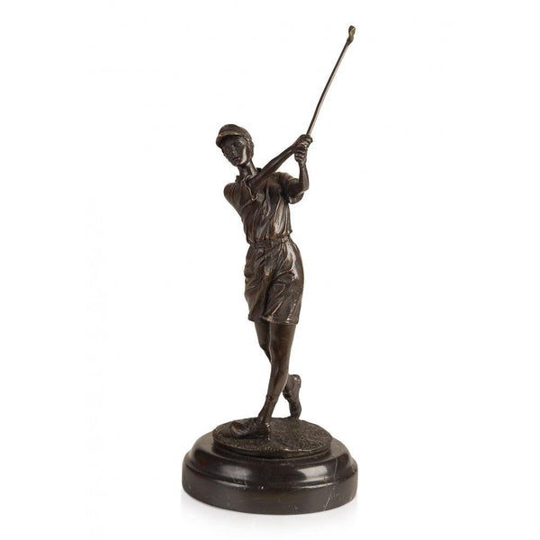 Bronze-Skulptur Golfspielerin. Klassische Skulptur aus patinierter Bronze mit Marmorsockel - Designerobjekte.com