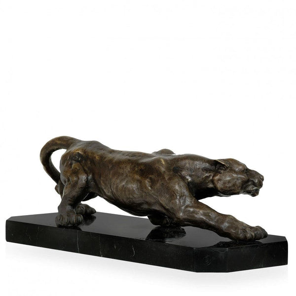 Bronzeskulptur Panther. Klassische Skulptur aus patinierter Bronze mit Marmorsockel - Designerobjekte.com