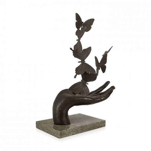 Bronzestatue Schmetterlinge. Moderne Skulptur aus patinierter Bronze mit Marmorsockel - Designerobjekte.com