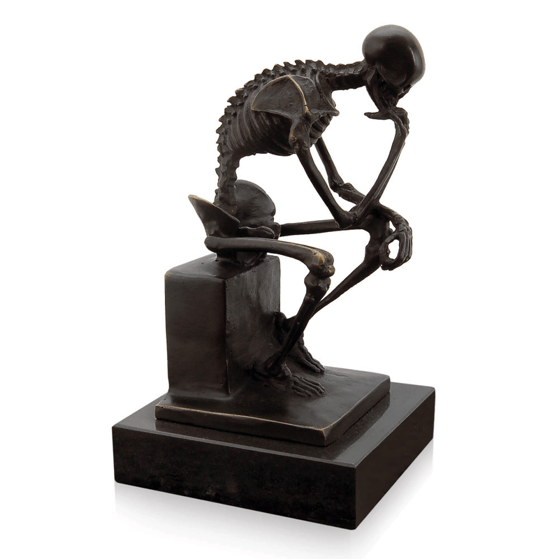 Bronzestatue Skelett des Denkers. Moderne Skulptur aus patinierter Bronze mit Marmorsockel - Designerobjekte.com