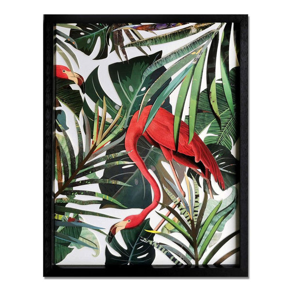 Collage - Bild Flamingo. 3D-Effekt-Bild in Collagetechnik, gerahmt und geschützt durch eine Glasfront - Designerobjekte.com