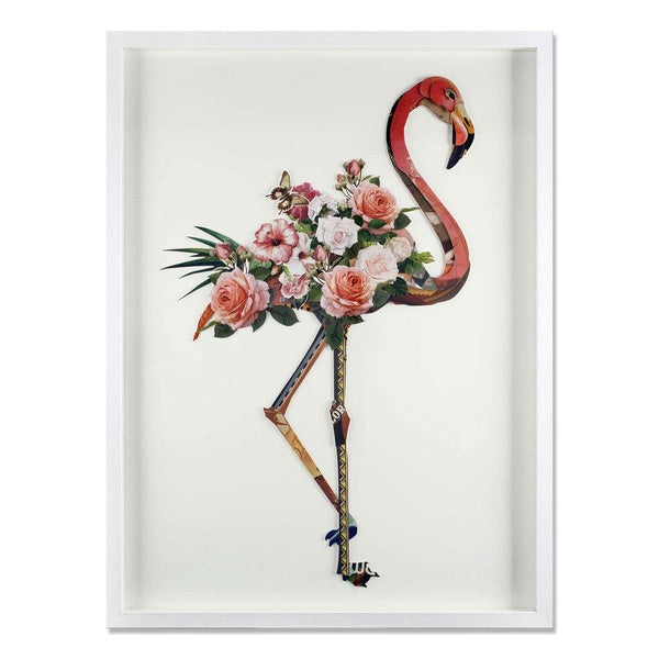 Collage - Bild Flamingo mit Blumen. 100 x 75 cm. 3D-Effekt-Bild in Collagetechnik, gerahmt und geschützt durch eine Glasfront - Designerobjekte.com