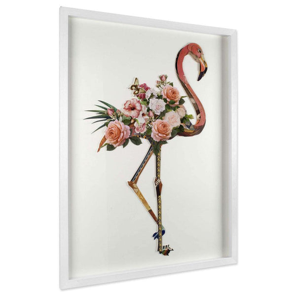 Collage - Bild Flamingo mit Blumen. 100 x 75 cm. 3D-Effekt-Bild in Collagetechnik, gerahmt und geschützt durch eine Glasfront - Designerobjekte.com