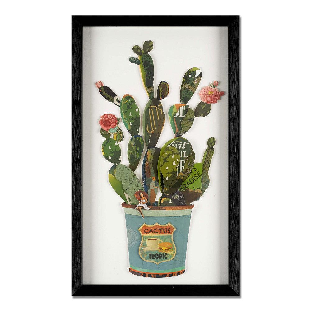 Kreative 3D-Collage: Kaktus in der Vase - Vintage Wanddekoration mit Glasrahmen. Die Collage zeigt einen lebhaften Kaktus in einem stilvollen Topf, dreidimensional gestaltet für eine beeindruckende Wirkung.